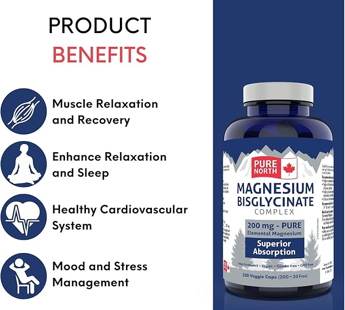 Magnesium Bisglycinate Complex 200mg, (200+30) V-Caps - Helps in The Development and Maintenance of Bones and Teeth - Helps The Body to Metabolize Carbohydrates, Proteins & Fats