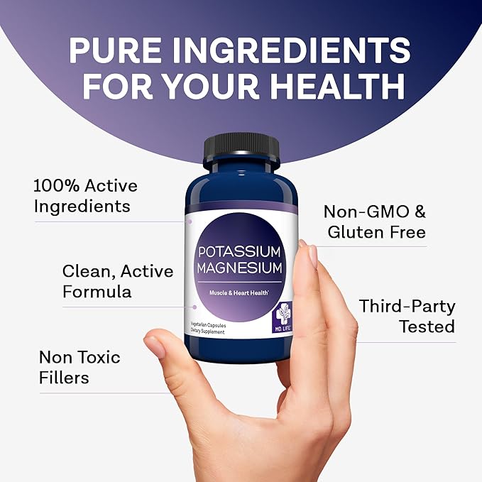 MD. Life Magnesium Potassium Supplement - 30 Capsules - High Absorption Magnesium Complex - Magnesium Supplement to Support Vascular Health & Leg Cramp 30cts