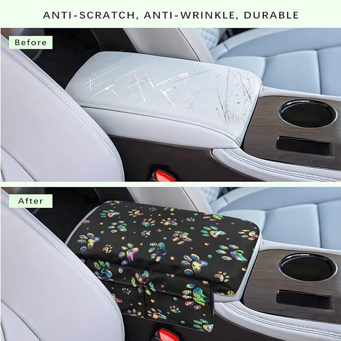 Dreaweet Tie Dye Dog Paw Center Console Cover Thick Car Armrest Cushion with Storage Bag Soft Comfortable Arm Rest for Car Center Console Universal Fit SUV Truck Sedan