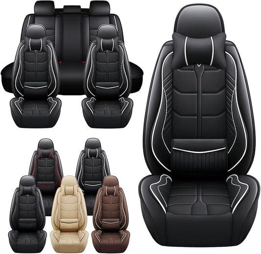 Leather Car Seat Covers Fit for Toyota Yaris 2007-2020, 5 Seater Car Seat Cover, Premium Waterproof, Scratch Resistant Car Interior Accessories (Full Set with Pillow Black White)