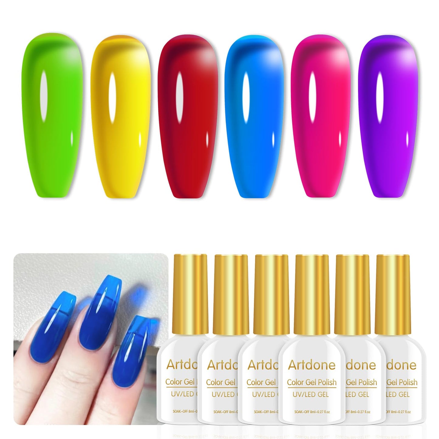 Artdone Transparent Gel Nail Polish Jelly Neon Set - Uv Gel 6 Colors Translucent Green Yellow Red Purple Blue Colors Gel For All