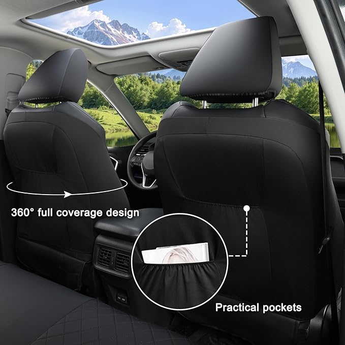 GIANT PANDA Full Set Car Seat Covers Custom Fit for Toyota Rav4 2013 2014 2015 2016 2017 2018 Rav 4 LE (Not for Hybrid Version),Front and Rear/Back Faux Leather Seat Covers, Polyester Fiber(Black)