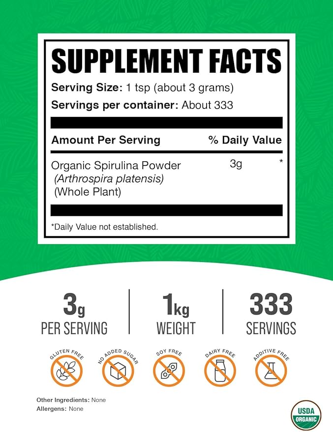 BulkSupplements.com Organic Spirulina Powder - Superfood, Green Spirulina Powder, Herbal Supplement - Vegan-Friendly, 3g per Serving, 1kg (2.2 lbs) (Pack of 1)