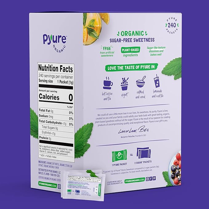 Pyure Organic Stevia Packets | Granulated Sugar Packets - White Sugar Substitute | Zero Carb, Zero Sugar, Zero Calorie Sweetener Packets | Plant-Based Stevia Packets for Keto Coffee | 240 Count