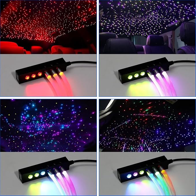 AKEPO 3.2W 6-Hole RGB Colorful Fiber Optic Light Kit, Car Home APP Control 13.1ft 360pcs*0.75mm/0.03in Optical Fiber Mixed Color Chasing Timer MIni Size Star Ceiling Light