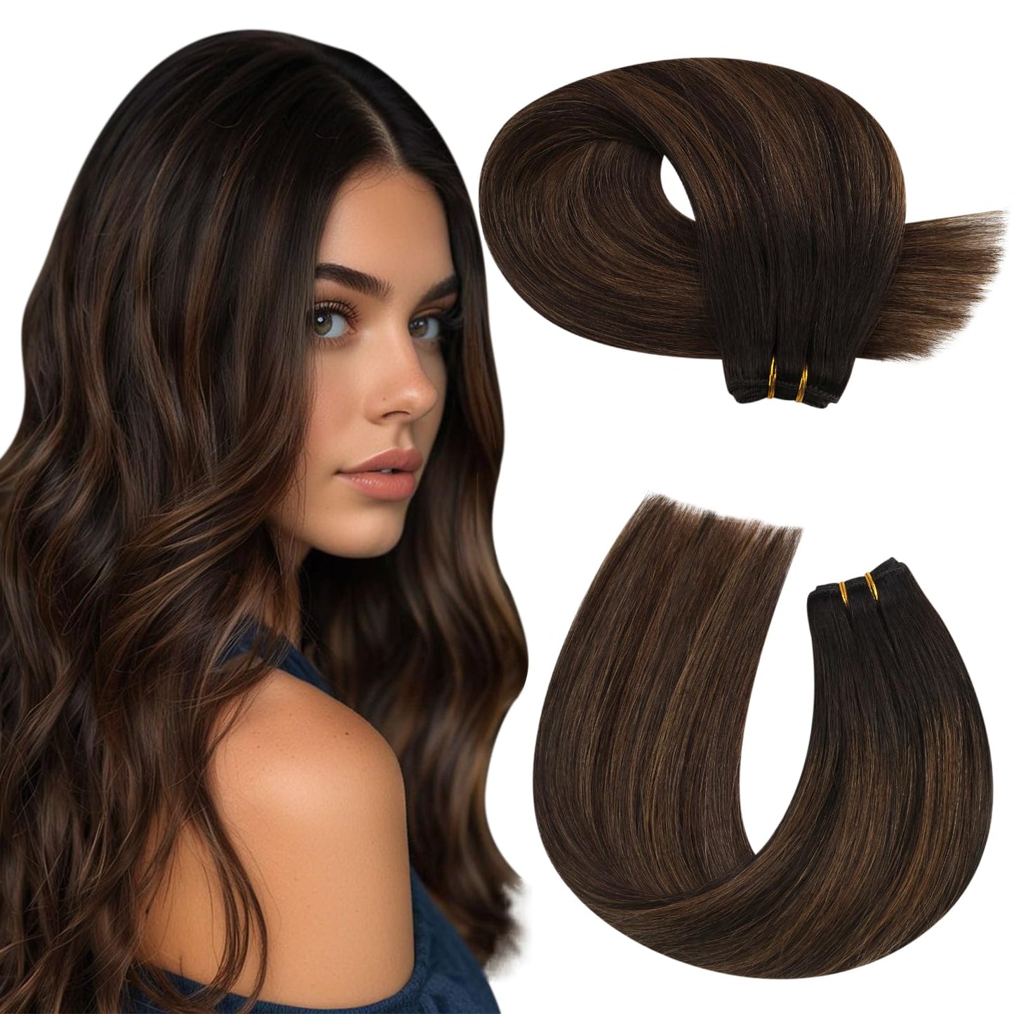 Moresoo Sew In Hair Extensions Brown Ombre Human Hair Sew In Extensions Balayage Darkest Brwon With Chestnut Brown Double Weft H