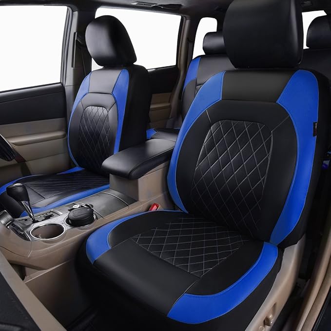 Universal Deluxe Pu Luxury Vinyl Faux Leather Car Seat Covers Full Set, Airbag Compatible, Breathable, Fit for Cars, Trucks, SUV (Black and Blue)