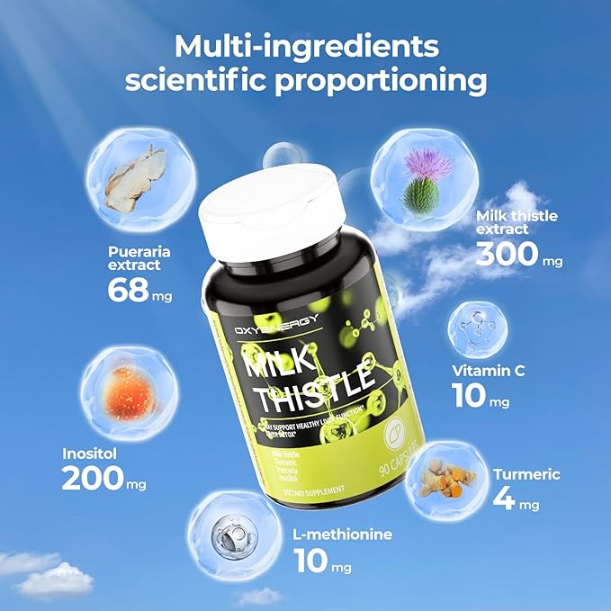 OxyEnergy Silymarin Milk Thistle 300mg Extract with Vitamin C, Inositol & Pueraria, Liver Detox & Repair Support, Antioxidant Support,90 Capsules, Pack of 3