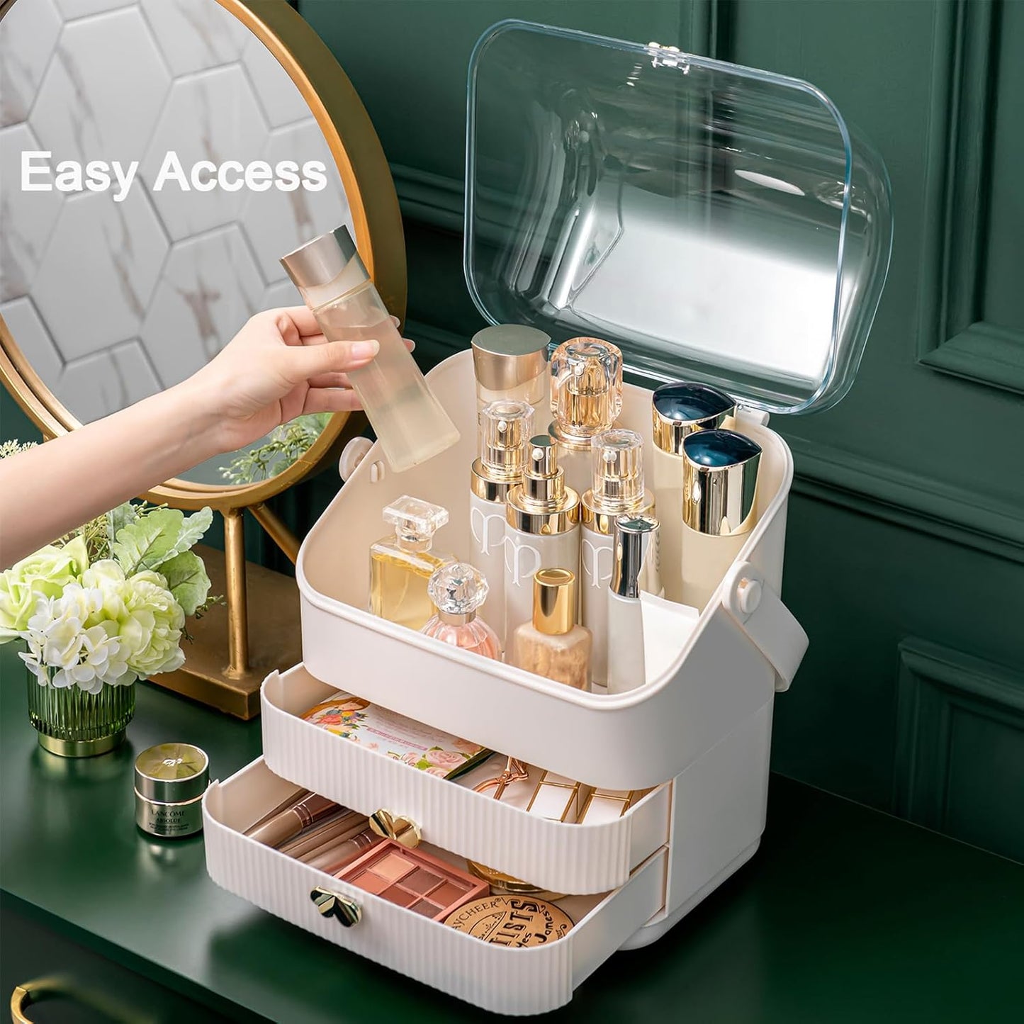 Preppy Makeup Organizer | 3-Tier Cosmetic Storage Box | Ivory White, Portable