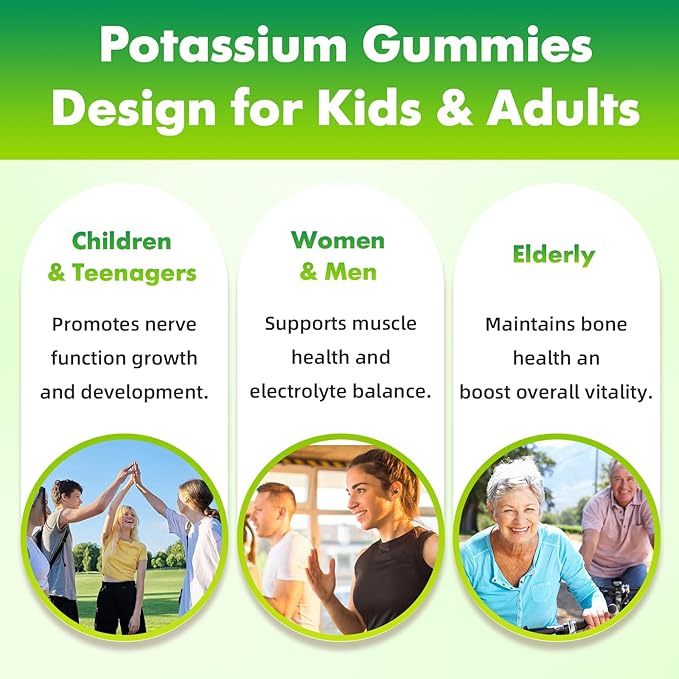 Potassium Gummies 1000mg for Adults & Kids, High Dose Potassium Gluconate Supplement Potassium Gluconate Gummies Support Muscle Cramps Electrolyte Balance, Apple Flavor 60 Count