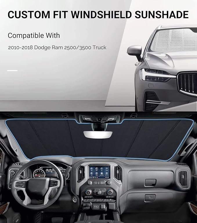 Windshield Sun Shade for Ram 2500/3500 2010-2018. Reflective Aluminum Film Front Window Sunshade - BLAZBLOCK