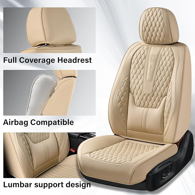 Coverado Front Seat Covers, Car Seat Covers Front Seats, Nappa Leather Seat Covers for Cars, Waterproof Seat Covers with Lumbar Support Universal Fit for Most Cars SUV Trucks (Front, Beige)