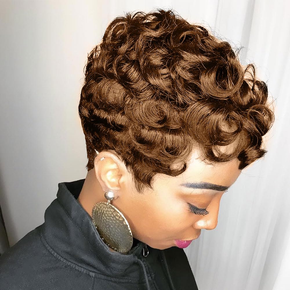 Moonshow Short Pixie Wigs For Black Women Auburn Brown Pixie Cut Wig With Bangs Auburn Short Curly Wigs For Black Women Natural