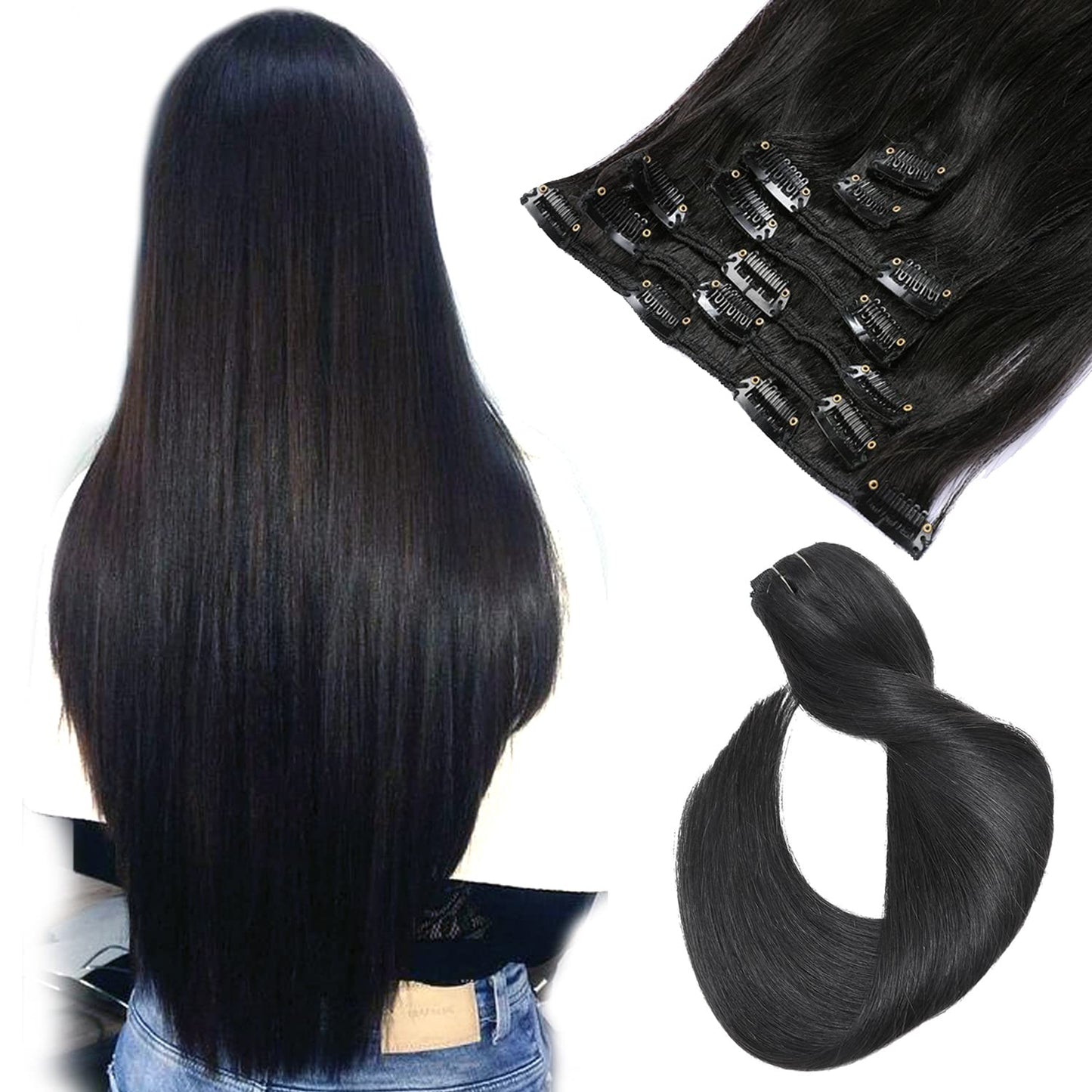 Ubetta Hair Extensions Clip In Human Hair, Natural Black Hair Extensions Real Human Hair Clip Ins #1B 20 Inch 70G 7 Pieces Strai
