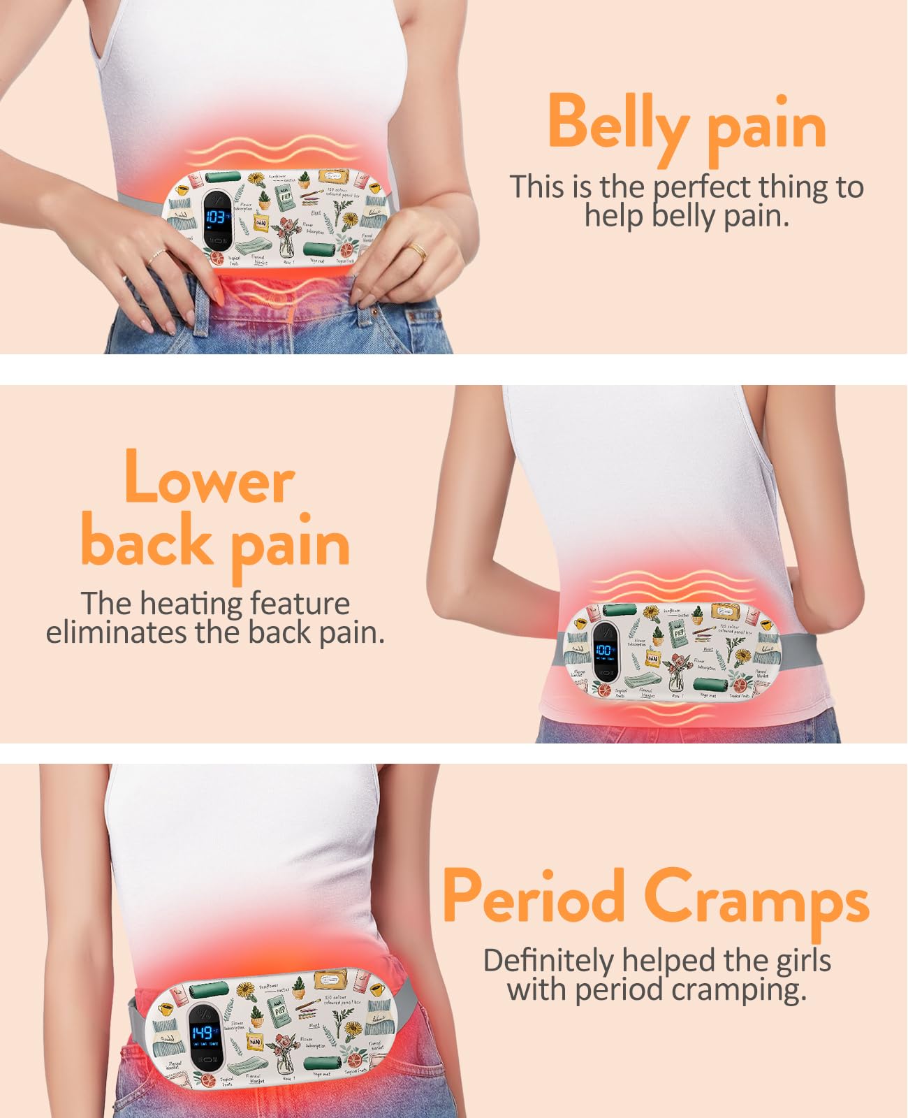 Portable Heating Pad for Period Cramps: Cordless Menstrual Heating Pad with 6 Heat Levels and 6 Massage Modes, 3s Fast Heating Gift for Women and Girl(Pink)
