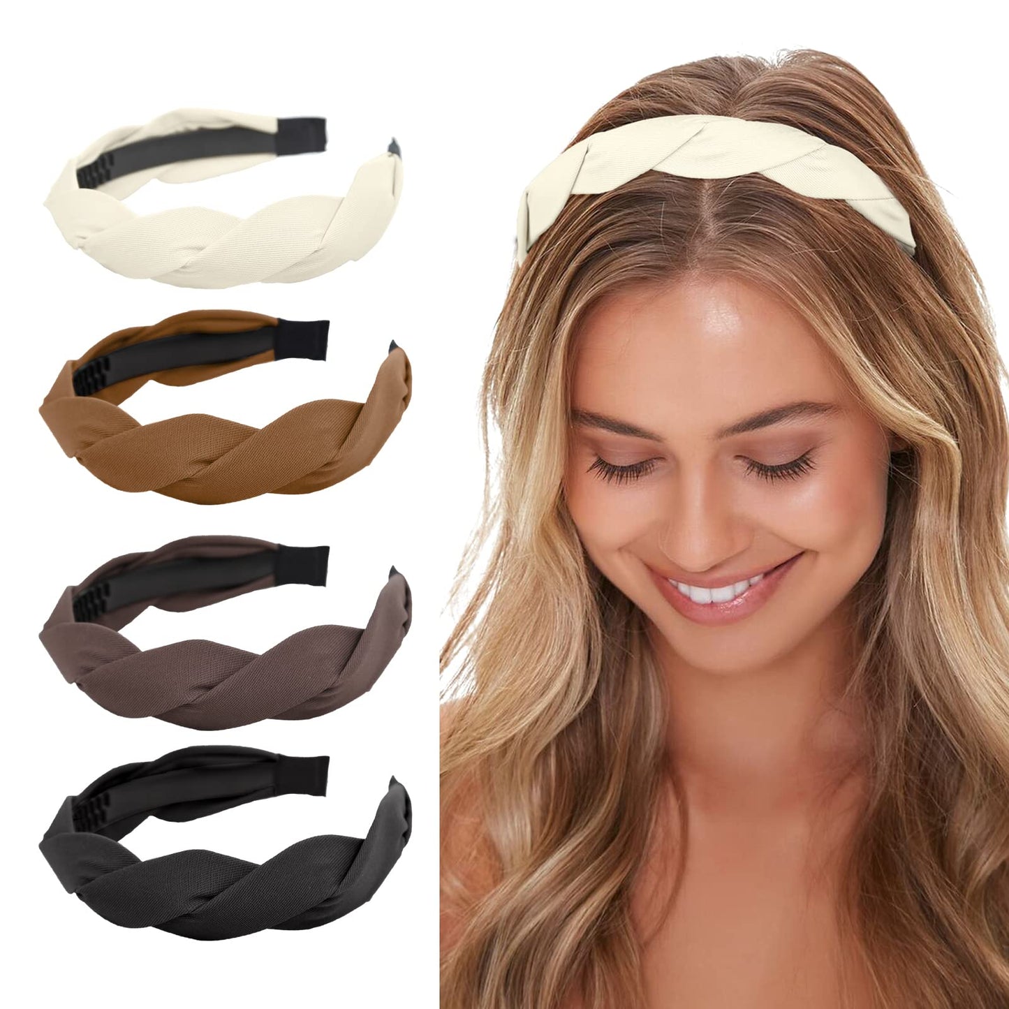 Wovowovo 4 Pieces Braided Headband For Women Girls Wide Hairband Fashion Non Slip Hairhoop Weaving Shape Accessories Solid Color