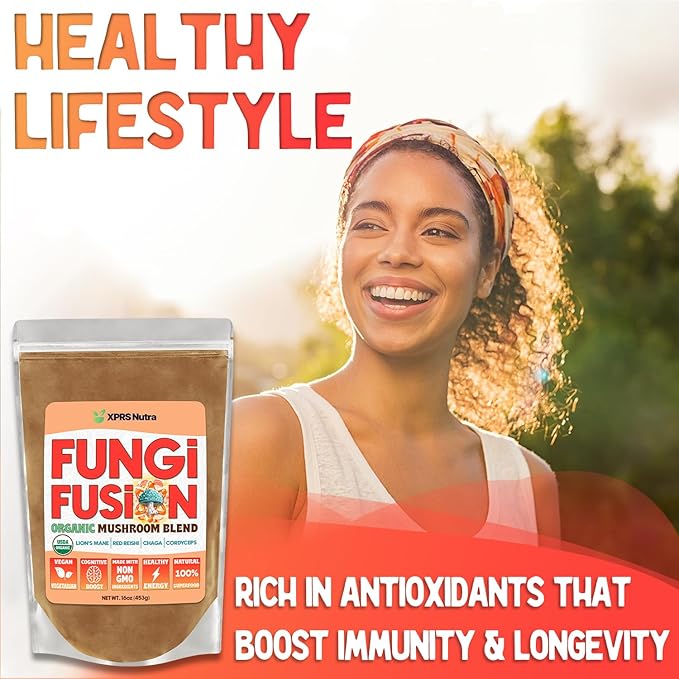 XPRS Nutra Fungi Fusion Organic Mushroom Powder Blend, Premium Blend of Lion's Mane, Reishi, Chaga, Cordyceps for Mental Clarity, Cognition, Energy and Immunity - 8 Ounce