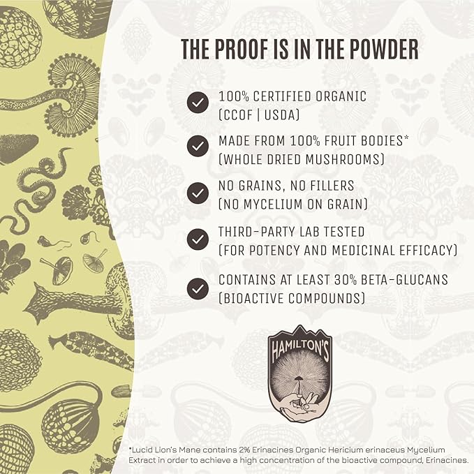 Hamilton’s Lucid Lion’s Mane | Organic Mushroom Extract Powder for Synapse Repair, Nerve Growth Factor, Focus, Memory, and Concentration | High Potency | 30% Beta Glucans | GF, Non-GMO, Vegan (500g)
