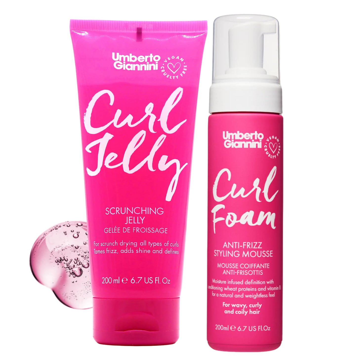 Umberto Giannini Curl Jelly Scrunching Jelly & Curl Foam Mousse Styling Duo - Vegan & Cruelty Free Curl Control Hair Gel & Mouss