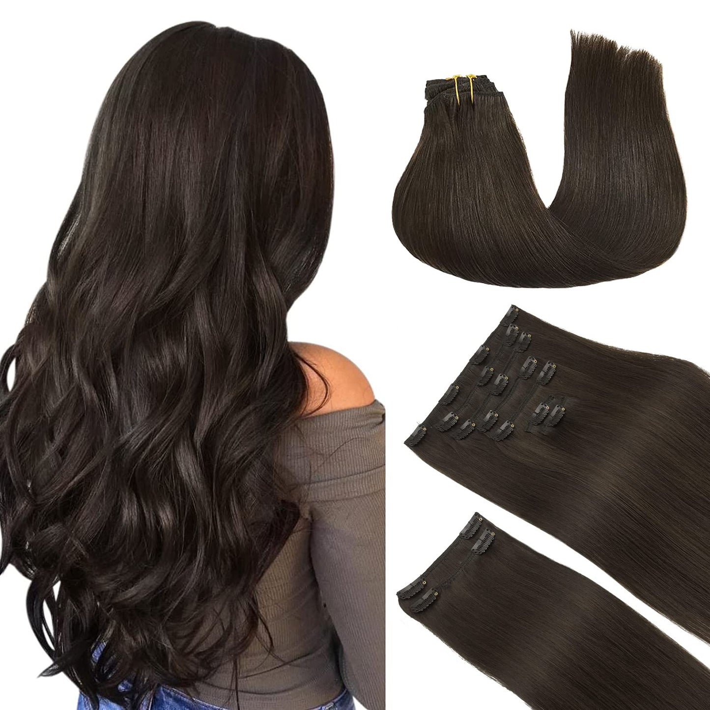 Doores Clip In Hair Extensions, Dark Brown 150G 9Pcs 24 Inch, Remy Hair Extensions Clip In Human Hair Natural Hair Extensions Ex