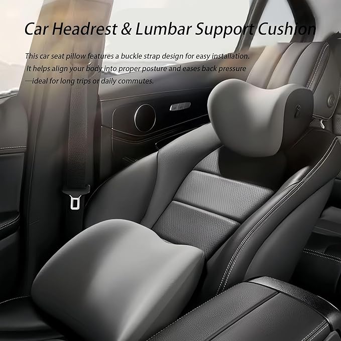 Car Lumbar Support Pillow and Car Neck Pillow Kit for Mini John Cooper Works Electric 2025 2026, Car Seat Neck Back Rest Pillows, Ergonomic Car Seat Headrest & Lumbar Cushion,B Grey