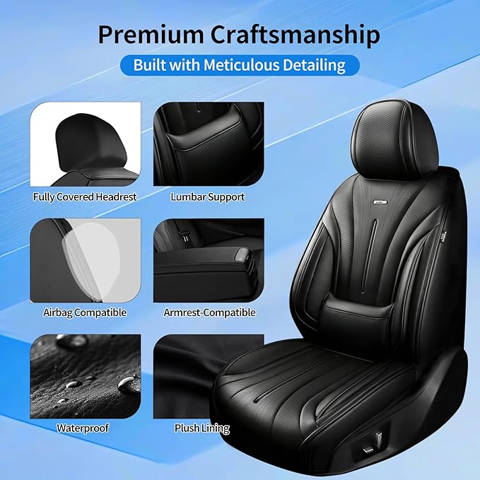 Fit Mazda 6 Car Seat Covers (Front Pair) for Select Mazda 6 2007-2021, Premium Full Coverage Leather, Airbag Compatible, Luxury Waterproof All Weather Breathable Seat Cushion Protector, Black