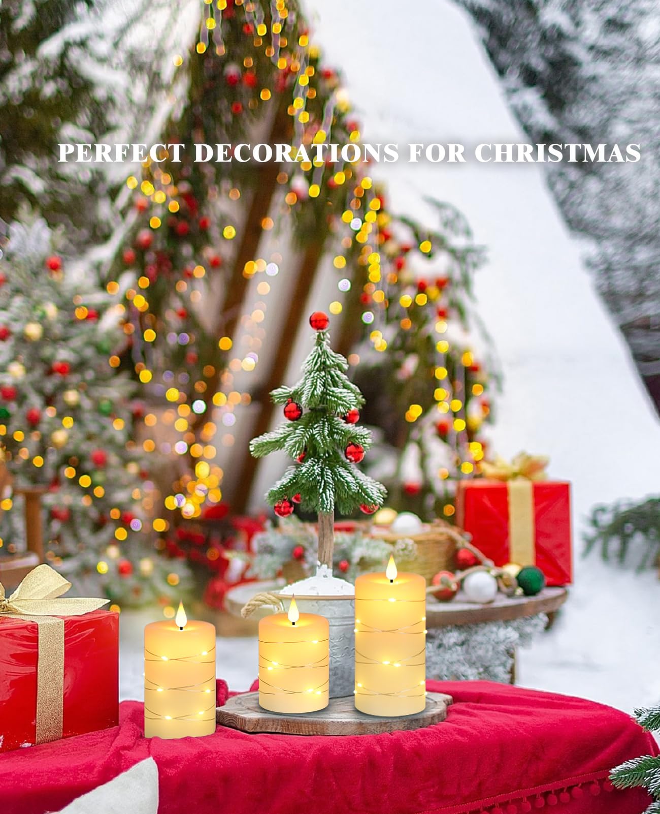 Da by Flameless Candles with String Lights，Battery Operated Candles,LED Flickering Candles with Remote Control and Timer, Real Wax, 3 Pack-Ivory