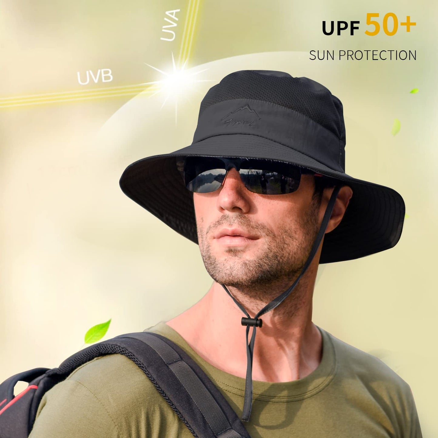 2 Pack Sun Hats for Men Women Fishing Hat UPF 50+ Breathable Wide Brim Summer UV Protection Hat Black/Army Green