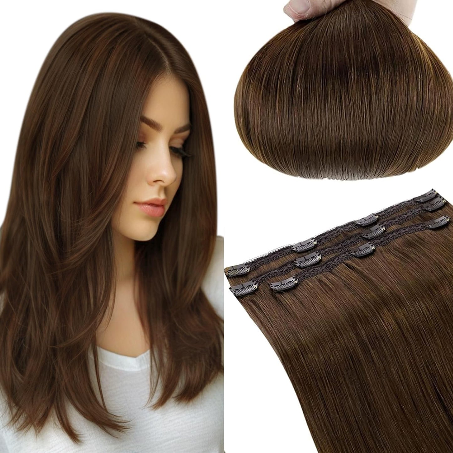 Runature Clip In Hair Extensions Human Hair Meidum Brown Hair Clip In Extensions 14 Inch 50G 3Pcs Real Hair Extensions Clip In H