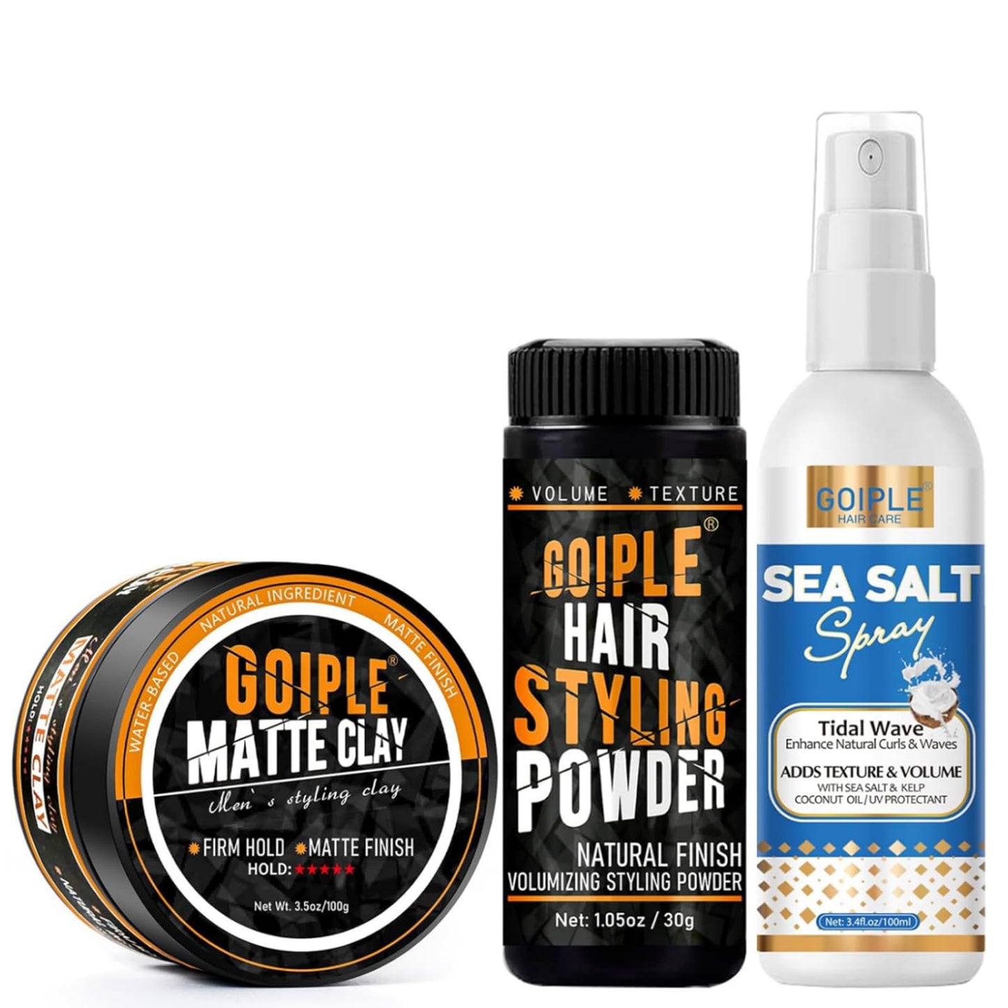 Matte Clay Firm Hold Hair Clay for Men Water Based & Hair Styling Powder for Natural Finish Volumizing & Texturizing Hair Powder & Sea Salt Spray for All Hair Adds Instant Thickness Light Hold (3PCS)