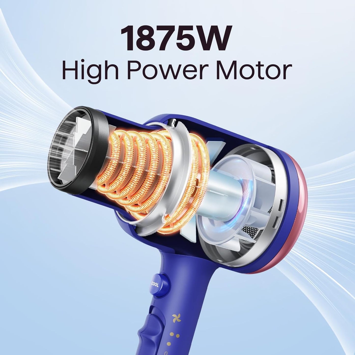 Ionic Hair Dryer for Curly Hair | 1875W Fast Drying | Diffuser & Attachments | Rose Gold
