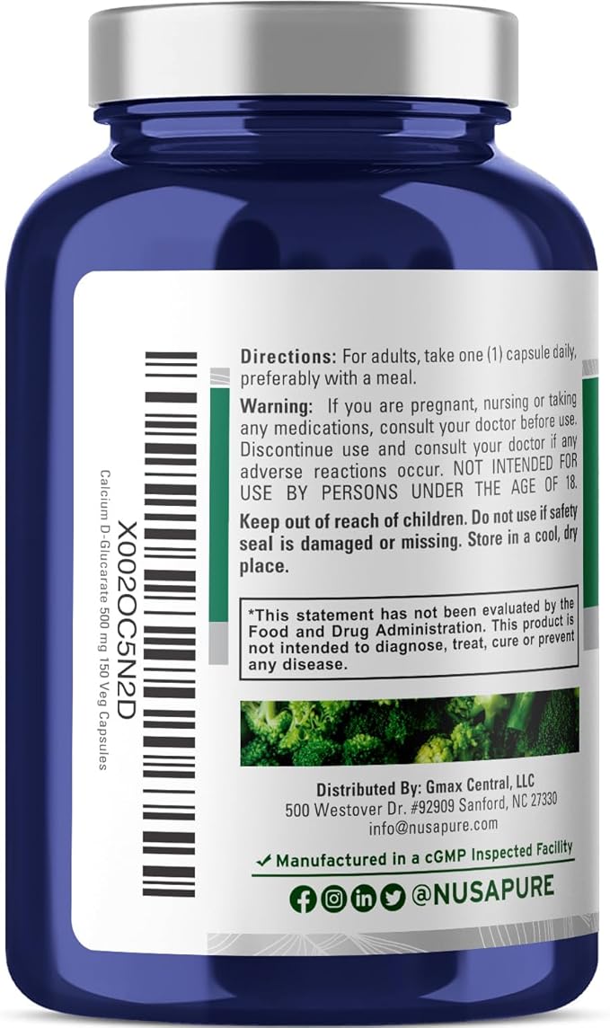 NusaPure Calcium D-Glucarate 500 mg 150 Veggie Caps, Vegan, Non-GMO, Gluten-Free