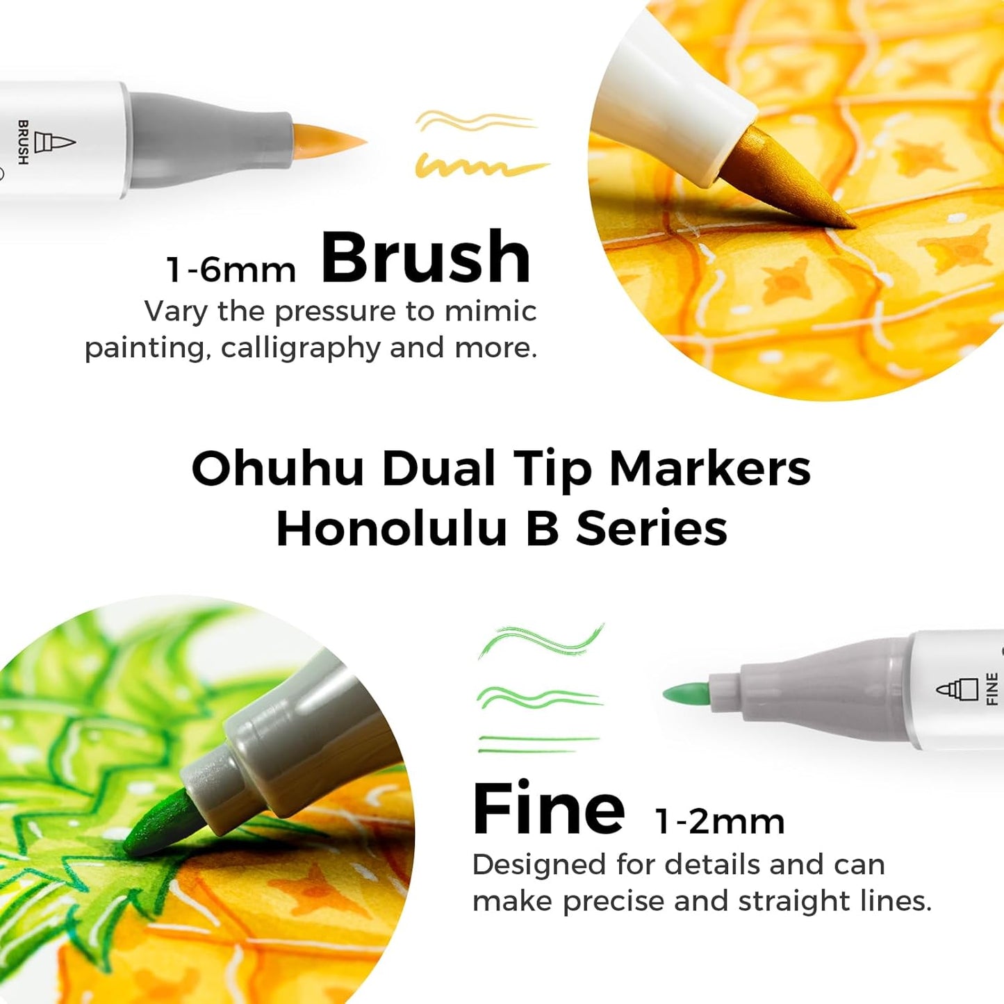 Ohuhu Alcohol Markers Brush Tip - Double Tipped Art Marker Set for Artist Adults Coloring Illustration- 72 Colors- Alcohol-based Refillable Ink - Fine & Brush Dual Tips - Honolulu B of Ohuhu Markers