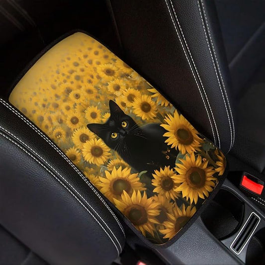Cute Cat Car Center Console Cover Breathable Sunflower Car Armrest Cover Cushion Non Slip Middle Black Console Protector Mat Cute Cat Auto Interior Accessories Decor