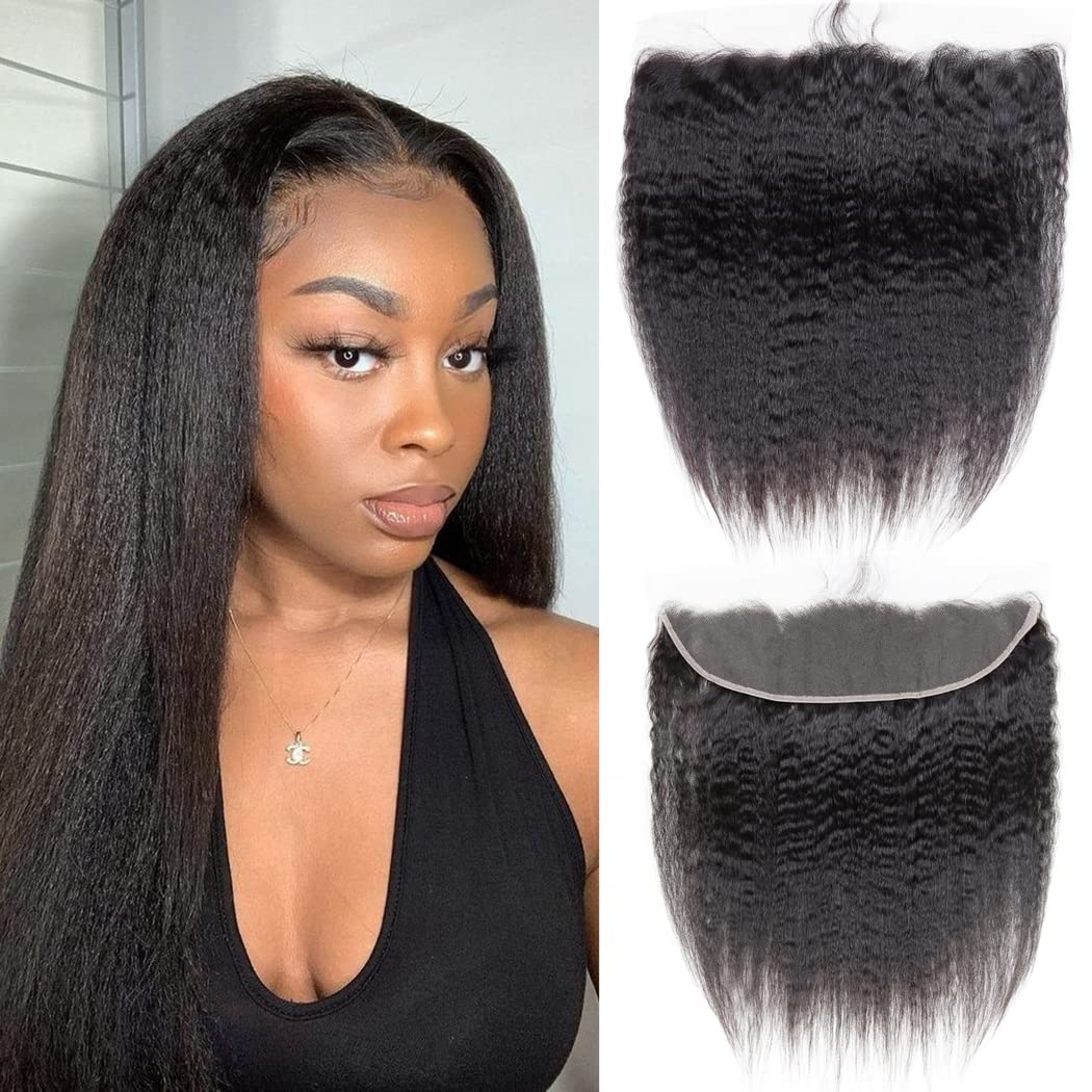 Odir 13X4 Lace Closure Frontal 180% Density Kinky Straight Brazilian Human Hair 20 Inch Unprocessed 9A Yaki Straight Virgin Hair