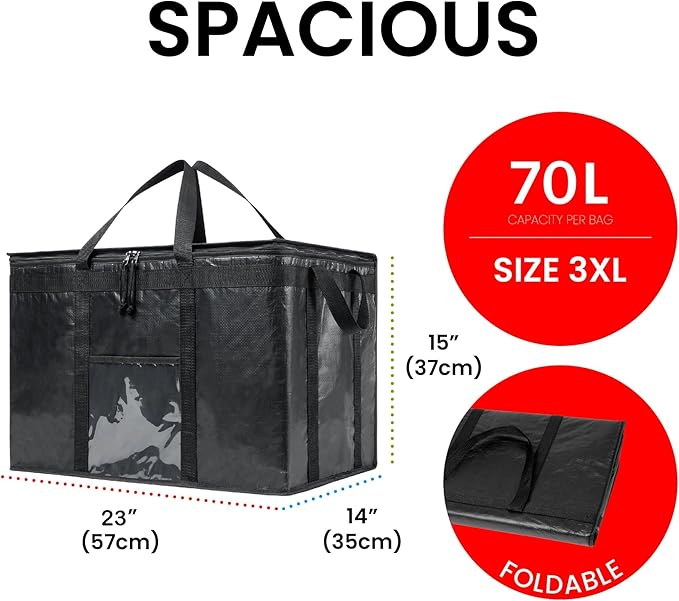 NZ home Insulated Bags for Food Delivery (3XL PRO) Grocery Shopping Cooler Bag, Pizza Delivery, Hot & Cold Catering Tote, Reusable, Foldable & Heavy Duty (Orange)
