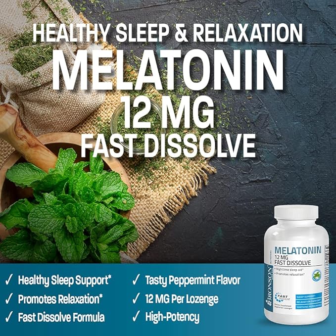 Bronson Melatonin 12mg Fast Dissolve Nighttime Sleep Aid Support & Relaxation Support, 360 Peppermint Vegetarian Lozenges