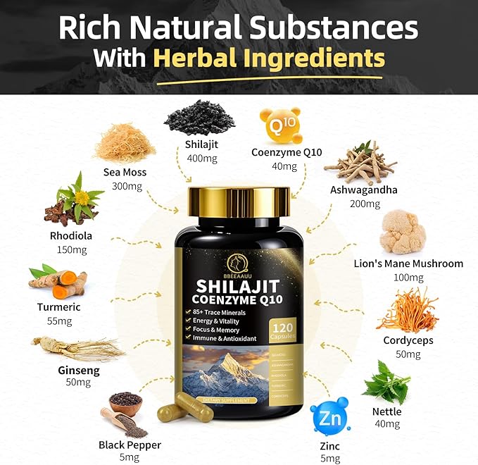 Shilajit for Men & Women with Sea Moss & Ashwagandha,12 in 1 Himalayan Shilajit Supplements Capsules with Coenzyme Q10, Fulvic Acid & Humic Acid, Lion's Mane, Support Energy & Immunity, 120 Counts