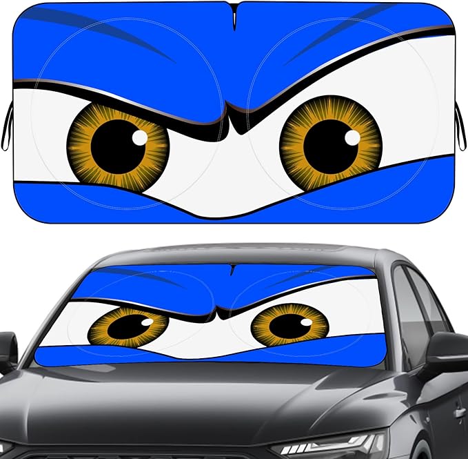 Car Windshield Sun Shade, Funny Car Eyes Sun Visor, Wear-Resistant Black Tape, Foldable 59‘’x27.5‘’/63''x31.5''