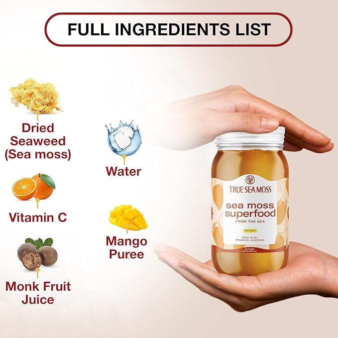 TrueSeaMoss Sea Moss Gel – Made in USA – Wildcrafted Seamoss, Fresh Fruits & Sea Vegetables – Mango, Pack of 2 (Labels may Vary)