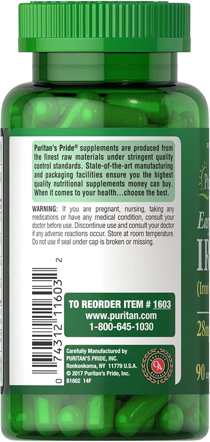 Puritan's Pride Easy Iron 28 mg (Iron Glycinate)-90 Capsules