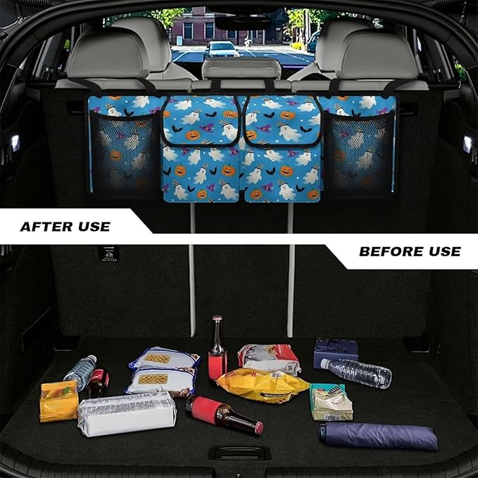 Hanging Cute Halloween Car Trunk Organizer, Car Back Seat Storage Bag with 4 Pockets Waterproof Auto Interior Accessories for SUV MPV Sedan Truck Jeep