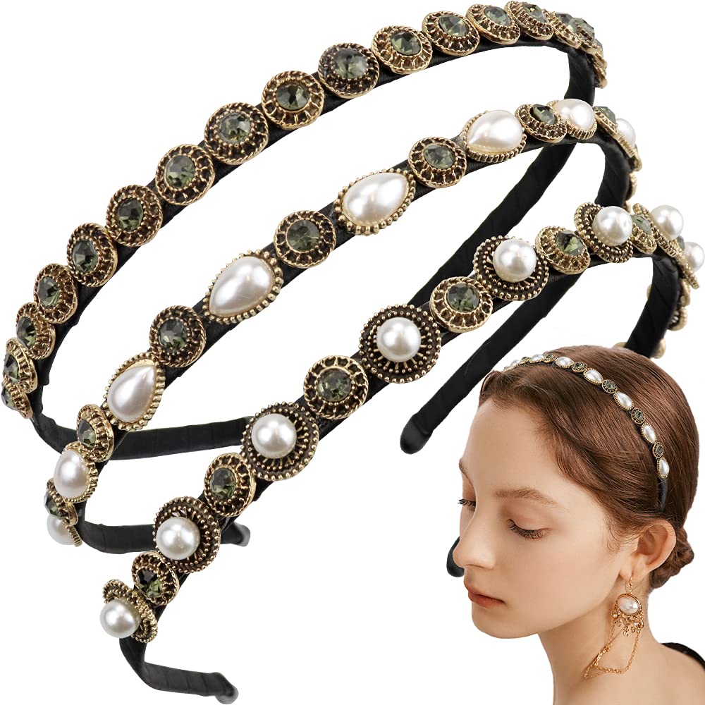 Naihod 3 Pcs Pearls Rhinestones Thin Headbands For Women Girls Luxury Vintage Hair Bands For Women'S Hair With Cloth Wrapped Met