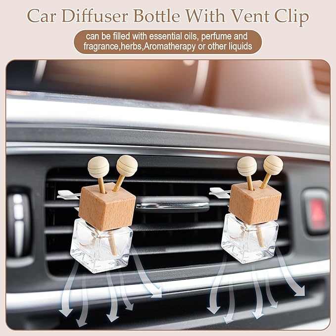 Zubebe 60 Pcs Car Diffuser Bottles Empty Bulk Vent Clip Car Air Freshener Diffuser for Essential Oil Perfume Glass Bottle with Wooden Caps Stick Fragrance Ornament (Clear)