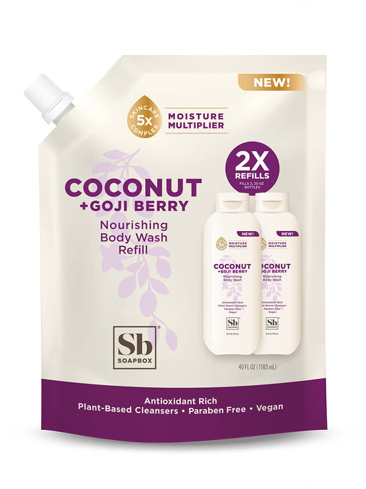 Soapbox Body Wash Refill, Coconut + Goji Berry Body Wash Refill Pack, Bulk Soap Refill Pouch, Vegan + Antioxidant Rich Moisturiz