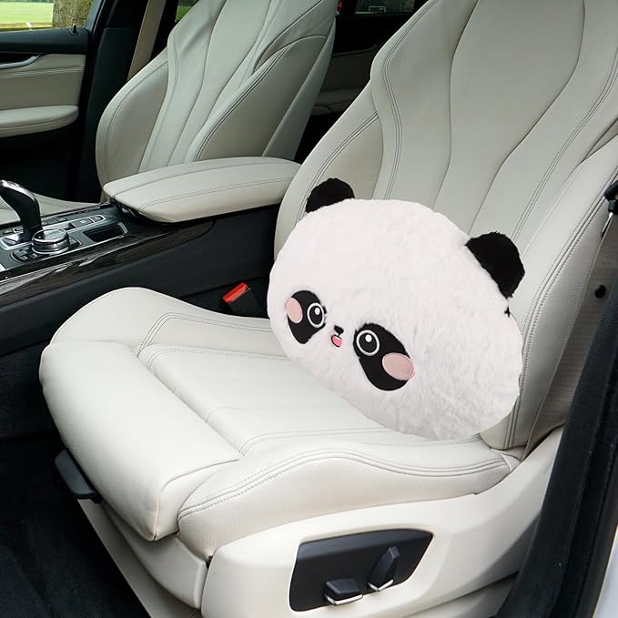 Mikinona Cartoon Panda Lumbar Support Pillow for Car Seat Cushion, Cute Panda Neck Pillow with Rabbit Hair Embroidery, Soft Round Waist Support for Driving and Office Use