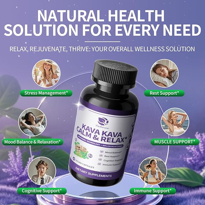 Kava Kava Root Extract Supplement - Liposomal Kava Capsules with L Theanine 200mg, 50% Kavalactones, Relax Calming Kava Extract, Vitamin B6, B12 - for Sleep, Mood, Cognitive & Immune Support, 60CT