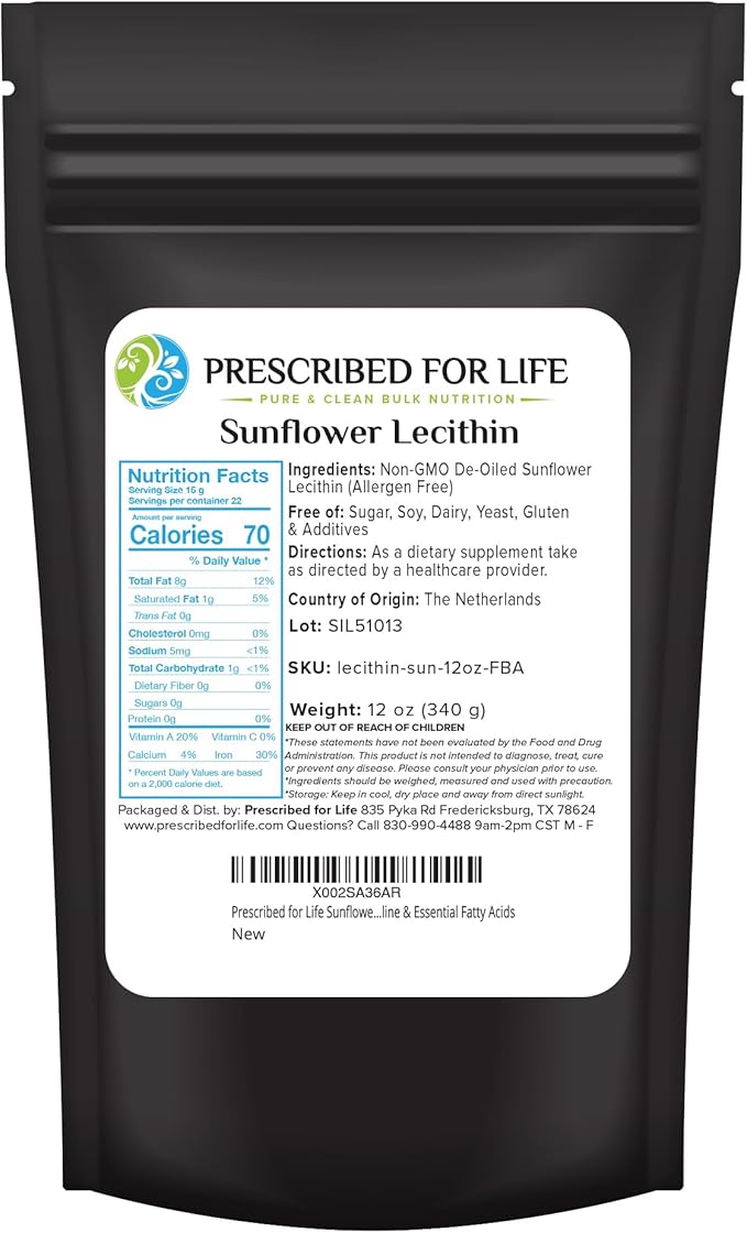Prescribed For Life Sunflower Lecithin Powder, Unbleached, Gluten Free, Vegan, Non GMO, Soy Free, Kosher, Naturally Rich in Choline & Essential Fatty Acids (12oz / 340g)