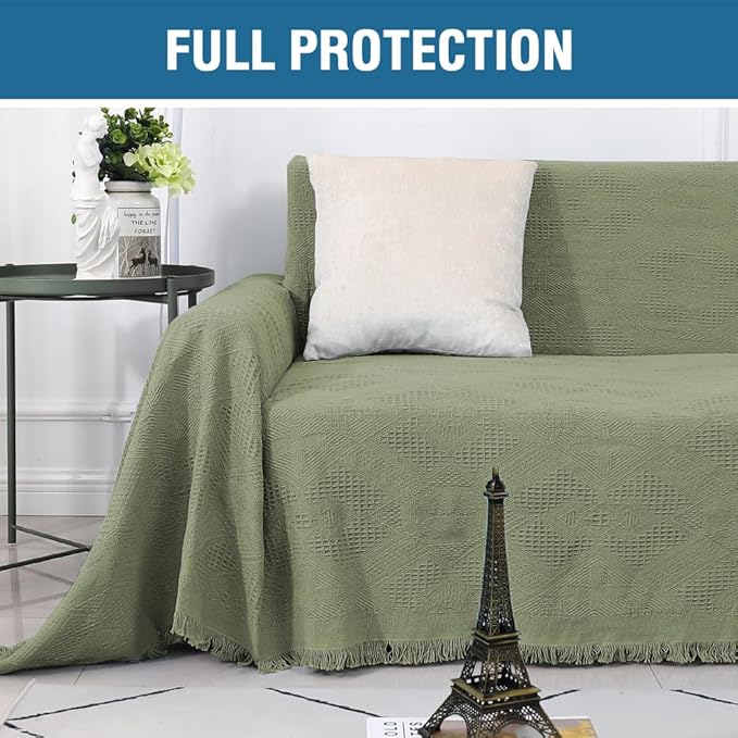 H.VERSAILTEX Cotton Sofa Covers Couch Cover Sofa Slipcover for Most Shape Sofas, Feature Thick Woven Jacquard Seamless with Tassels, Multi-Use Decorative for Couch (Medium: 71" x 91", Sage)