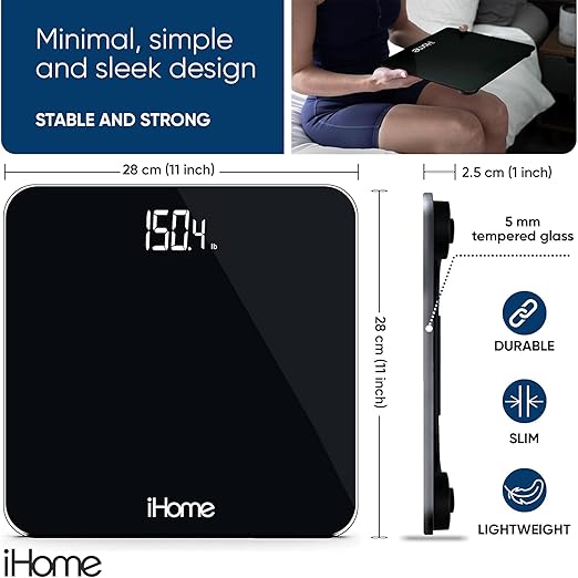 iHome Digital Scale, Bathroom Scale, Batteries Included, Scale Body Weight, Weight Scale, Digital Scale, Bathroom Scales for Weight, Digital Scales for Body Weight, Weight Scales Bathroom (Black)
